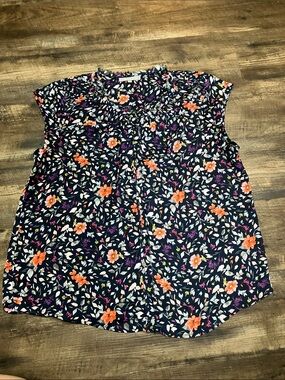Daniel Rainn Navy Floral Cap-Sleeve Blouse with Orange and Pink Blossoms